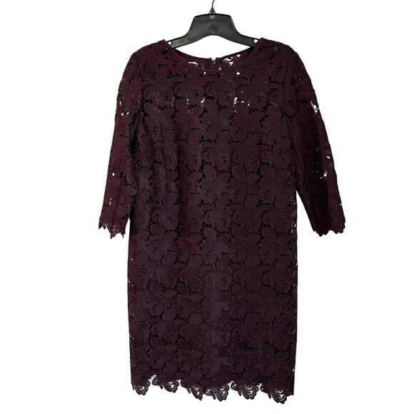 Loft Floral Guipure Lace Lined Burgundy Red Sheer Trim Shift Dress Sz 10P - Picture 1 of 6